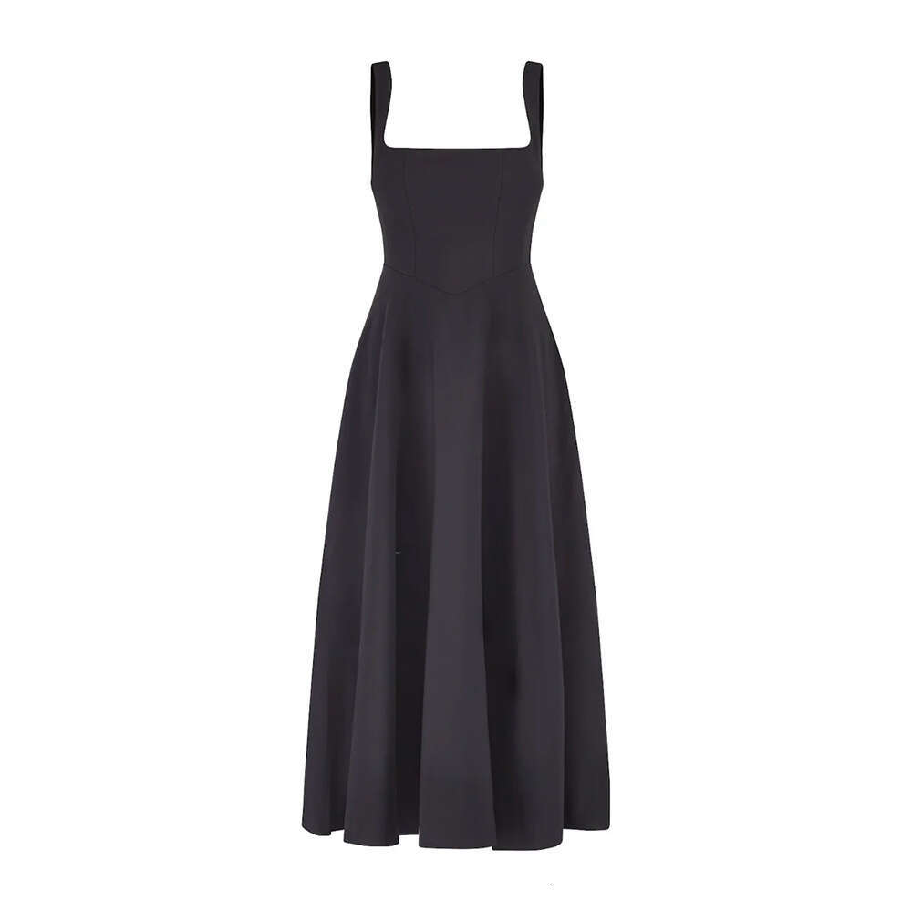 French Style Square Neck Slim Long Summer Simple Fashion Casual Sleeveless Strap Dress For Women B5