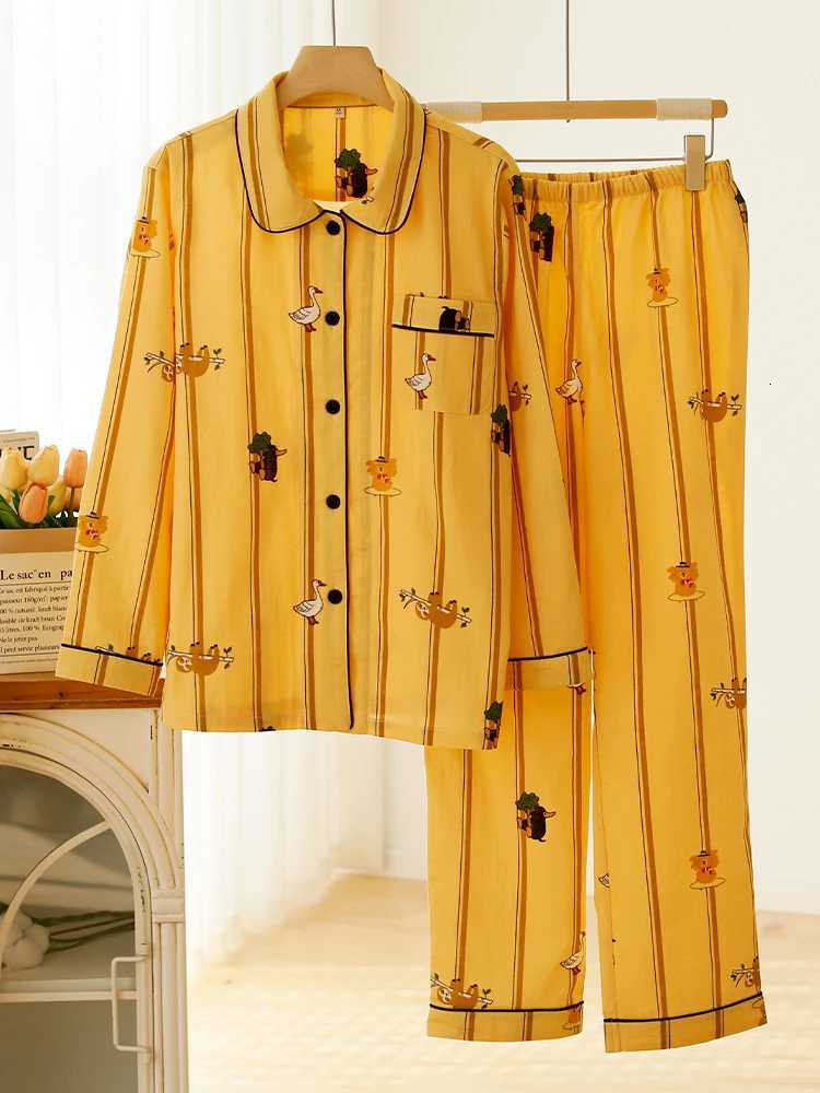 2025 Spring High-end Pure Cotton Gauze Couple Pajamas Cartoon Men Style Striped Breathable Comfortable Long Sleeve Pants Homewear W250717