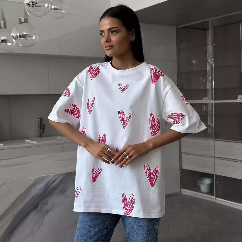 Summer New Street Fashion Hand-Painted Heart Print Short Sleeve T-Shirt B5