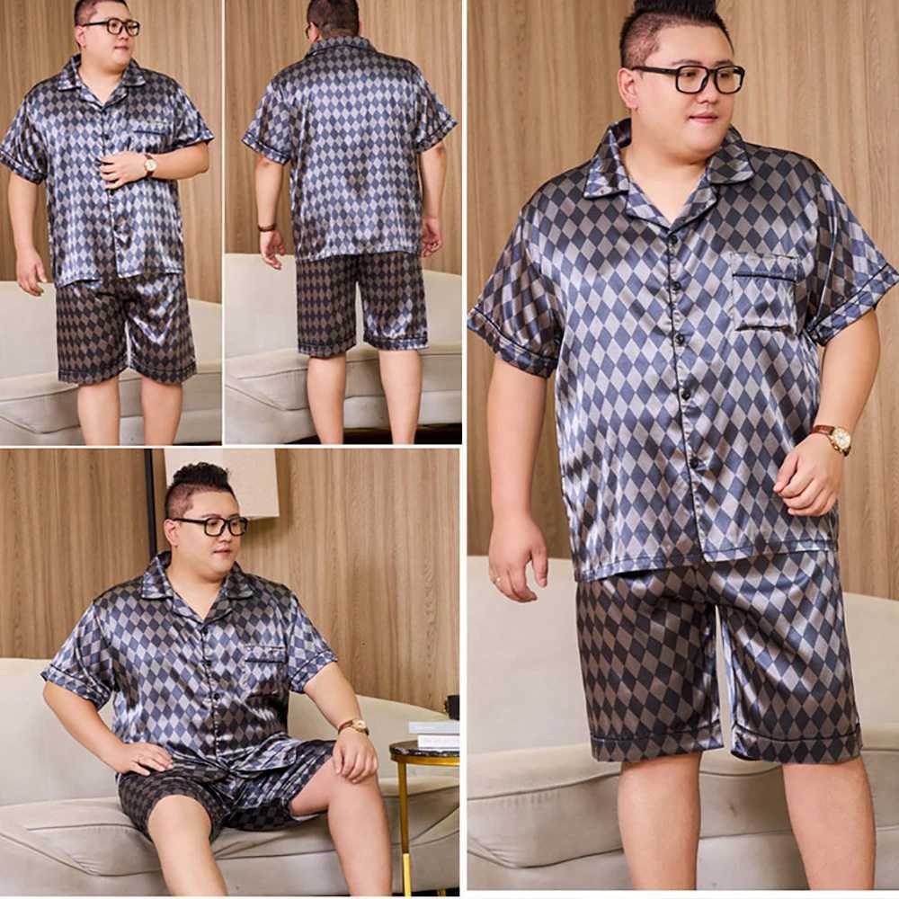 3XL-5XL For 65kg Big Size Mens Pajamas Summer Ice Silk Thin Breathable Male Sleepwear Casual Plaid Pajama Sets Mens Pajamas W250717