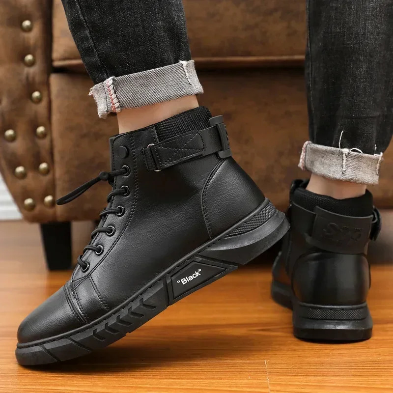 Spring and Autumn British Style Thick Soled Work Safety Boots Trend with Warm Soft Soled High Top Mens Casual Leather Boots 250715