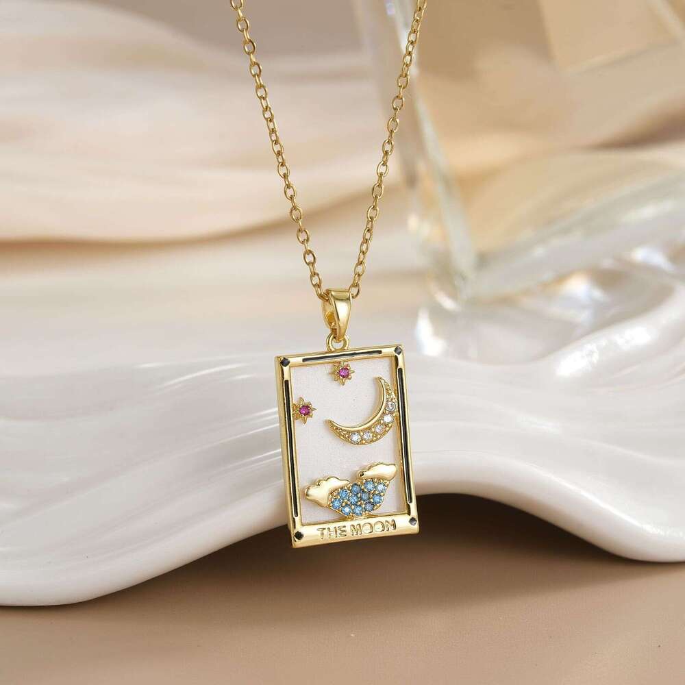 Gold-Plated Copper Tarot Card Design Pendant Mother-Of-Pearl Zodiac Necklace 012