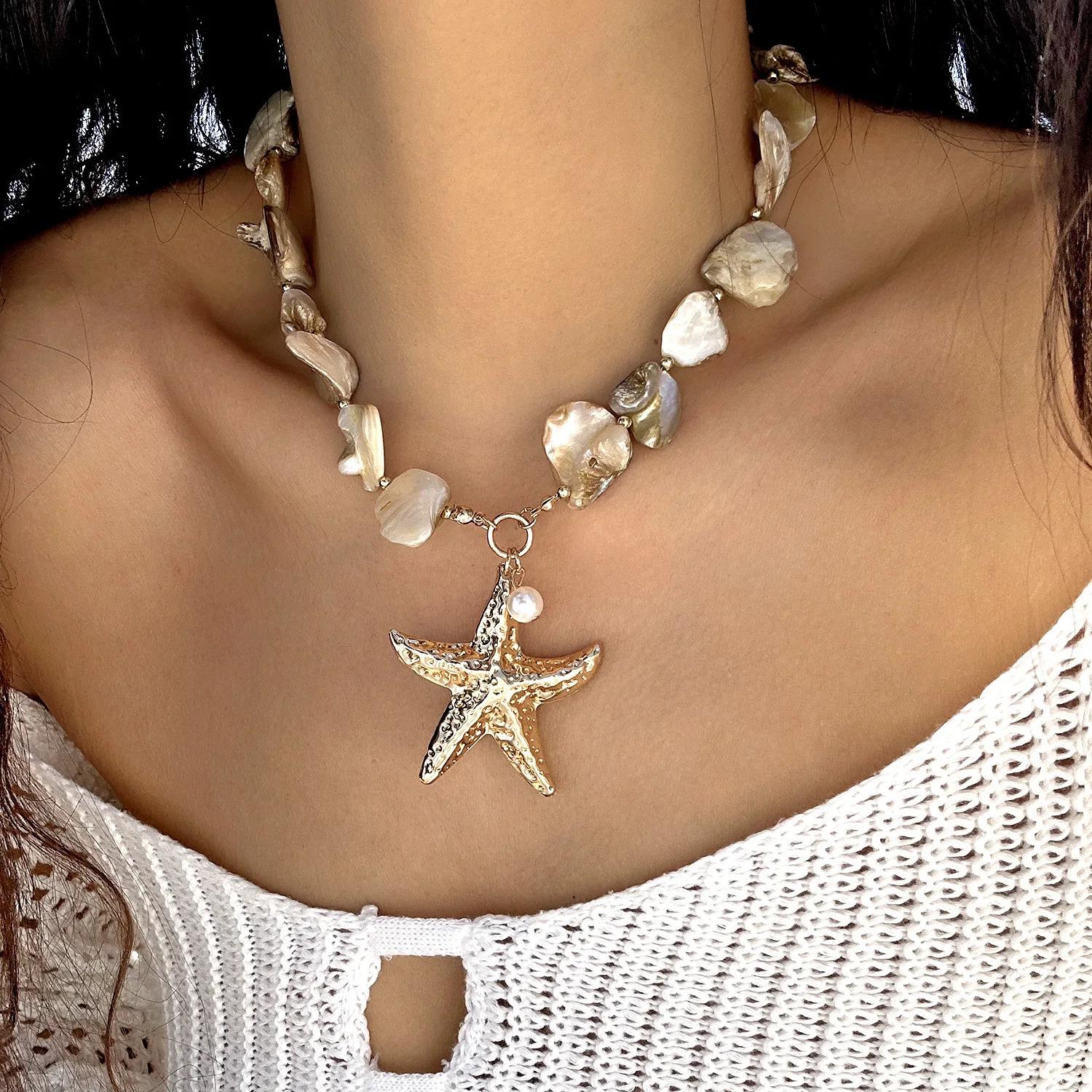 Bohemia Irregular Shell Beaded Chain Necklace for Women Summer Beach Vacation Starfish Conch Pendant Choker Necklace Y2K Jewelry 250715