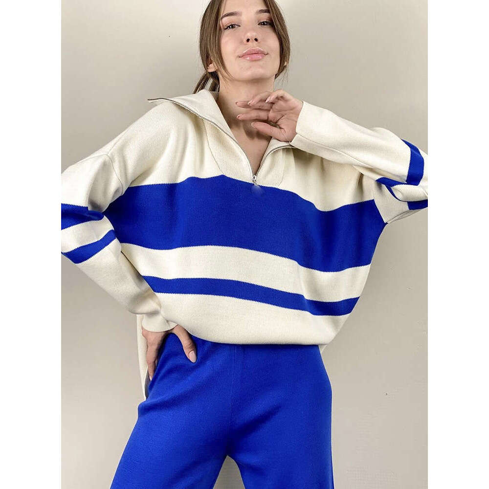 Style Loose Sweater For Women Thickened Autumn Winter Solid Color Zipper Top And Leg Pants Casual Two-Piece Set B5