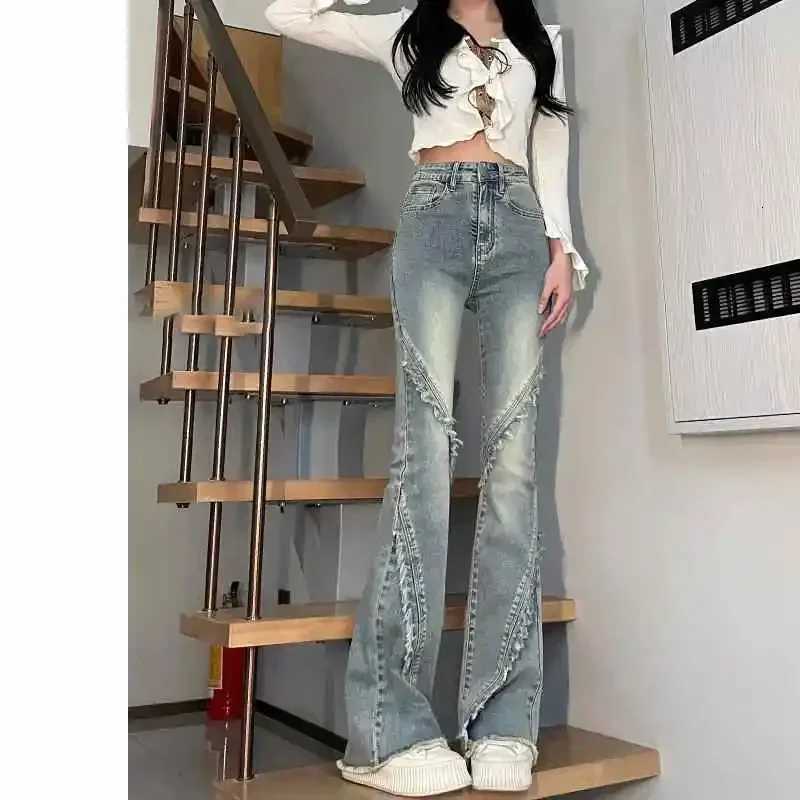 Quality Jeans for Spring and Autumn High Waist Slimming Design Raw Edge Design for Women Patchwork Washed Denim Y2k Flared Jeans R250716