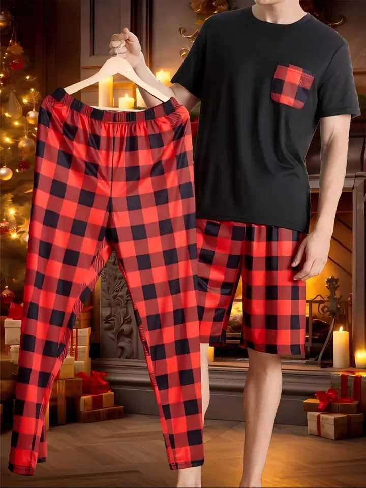 3-Piece Mens Checkered Pajama Set - Short-Sleeve Top + Shorts + Pants Black/Red/White Retro Style - Summer Comfort Lounge Wear W250717
