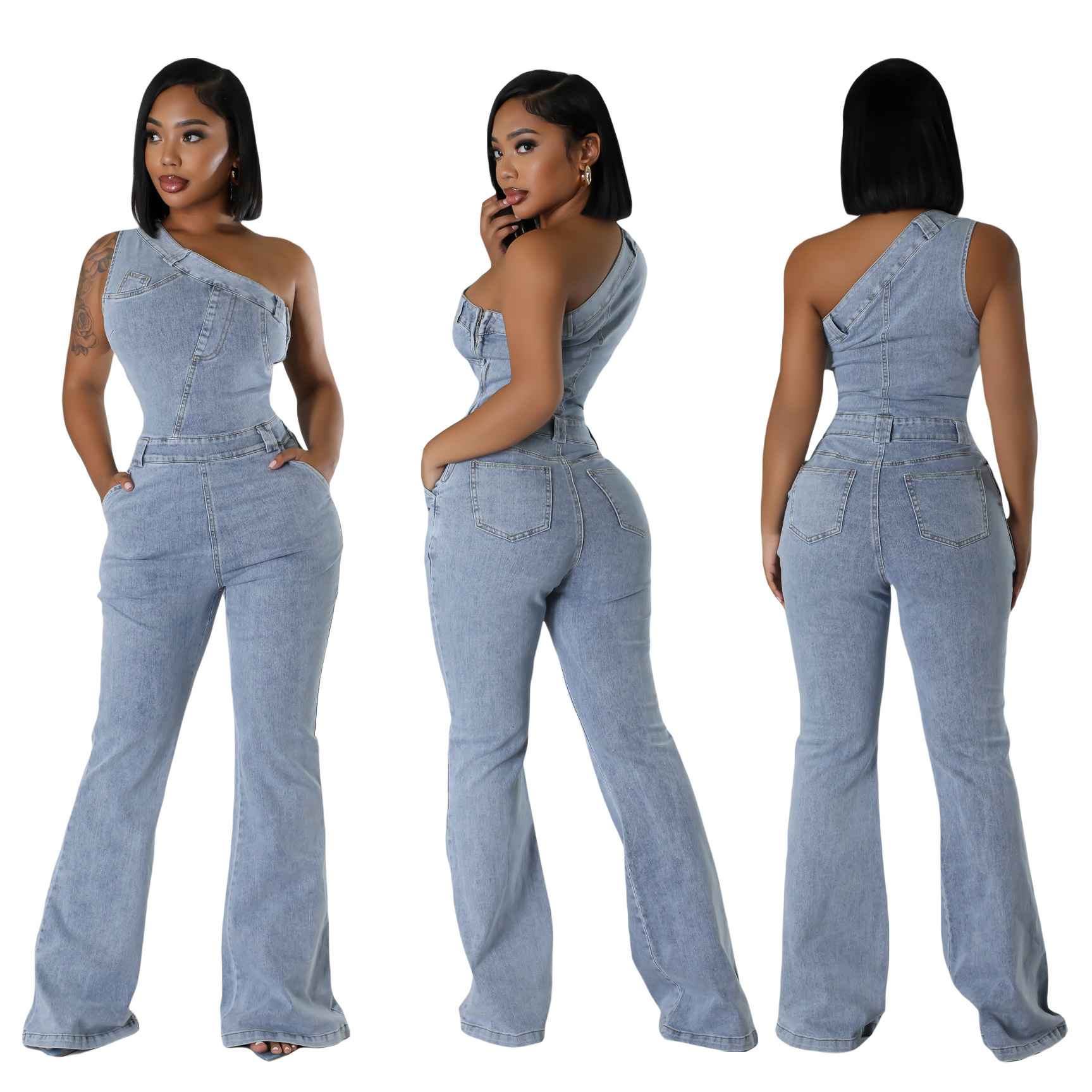6976 diagonal shoulder tight waist slim fit elastic washed denim jumpsuit flared pants