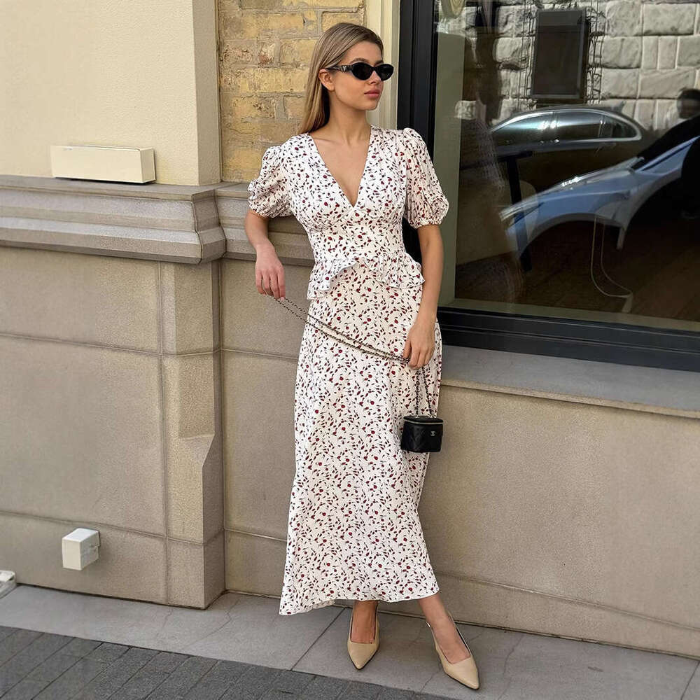 Floral V-Neck New Summer Printed Waist-Cinching Long Puff Sleeve Dress For Women B5