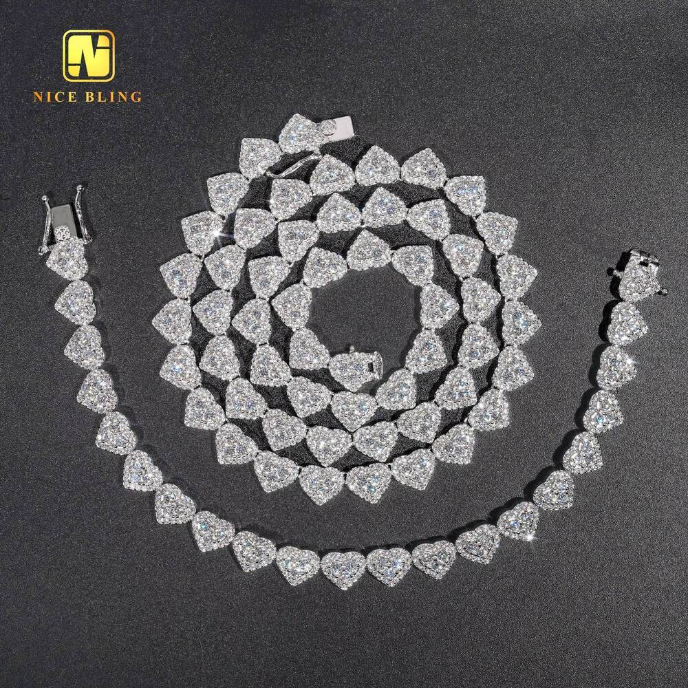 Moissanite Cluster Tennis Chain 925 Silver Fashion Hiphop Necklace 8mm Heart Shape Lab Diamond Tennis Necklaces for Men Women