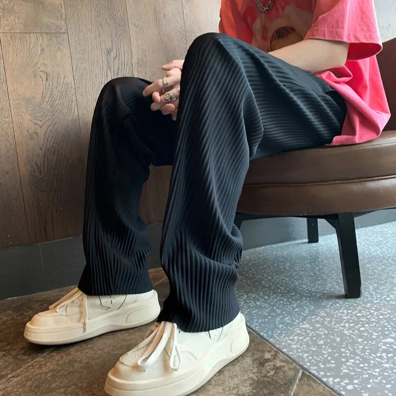 Summer Casual Pants Men Black Gray Ice Silk Pants Men Japanese Streetwear Hip-hop Loose Straight Trousers Mens Pleated Pants 250715