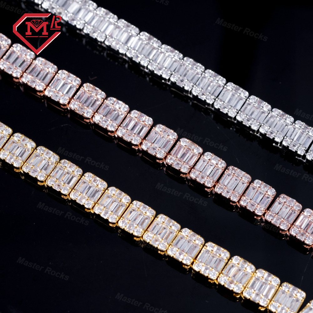 10mm Tennis Chain Baguette Hip Hop Jewelry Vvs Iced Out Diamond 925 Silver Moissanite Tennis Chain