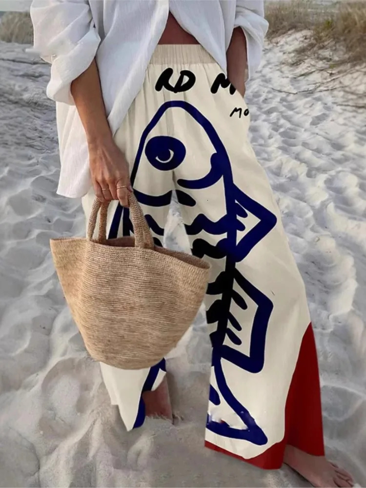 Spring Summer Casual Trousers Loose Sports Wideleg Pants Women Vintage Print Beach Party Holiday Long Clothes 250717
