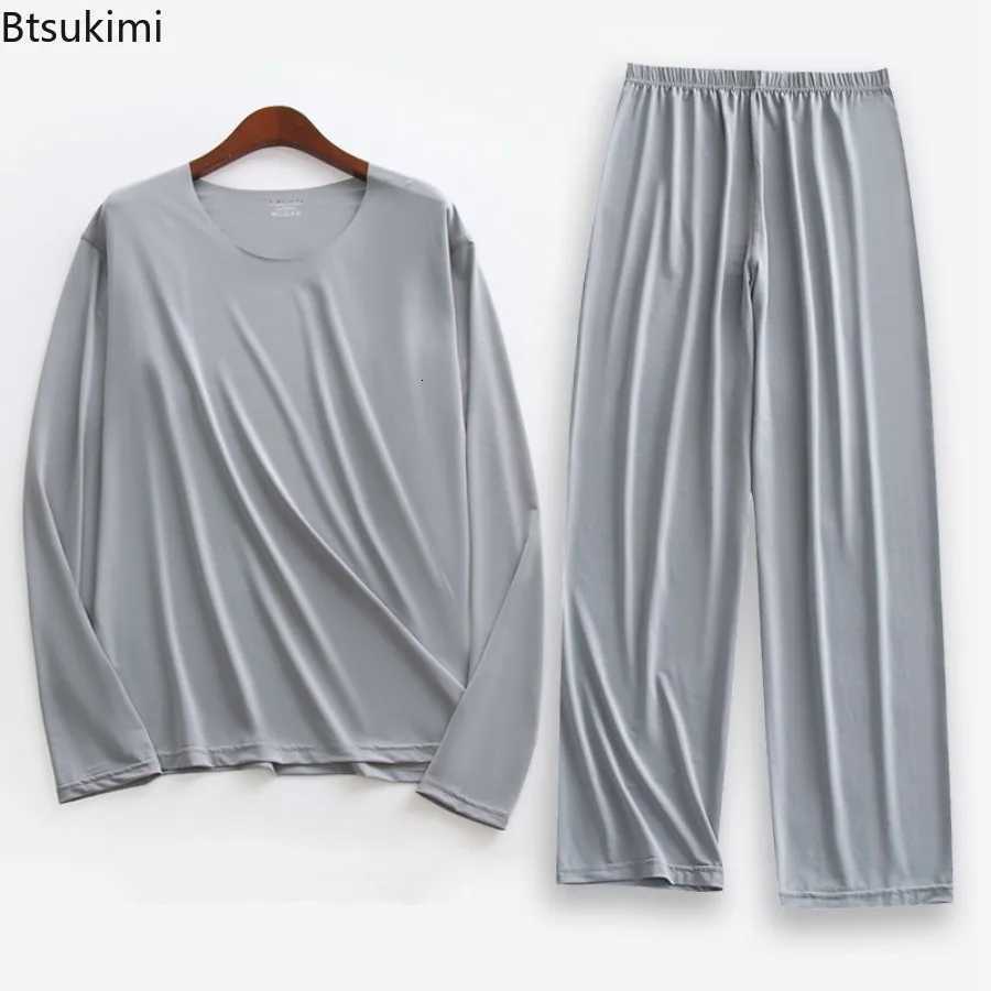 Plus Size 5XL Men Ice Silk Pajama Set Solid Long Sleeve Tops and Pants Sleepwear 2pcs Sets Soft Comfy Lounge Home Nightwear Male W250717