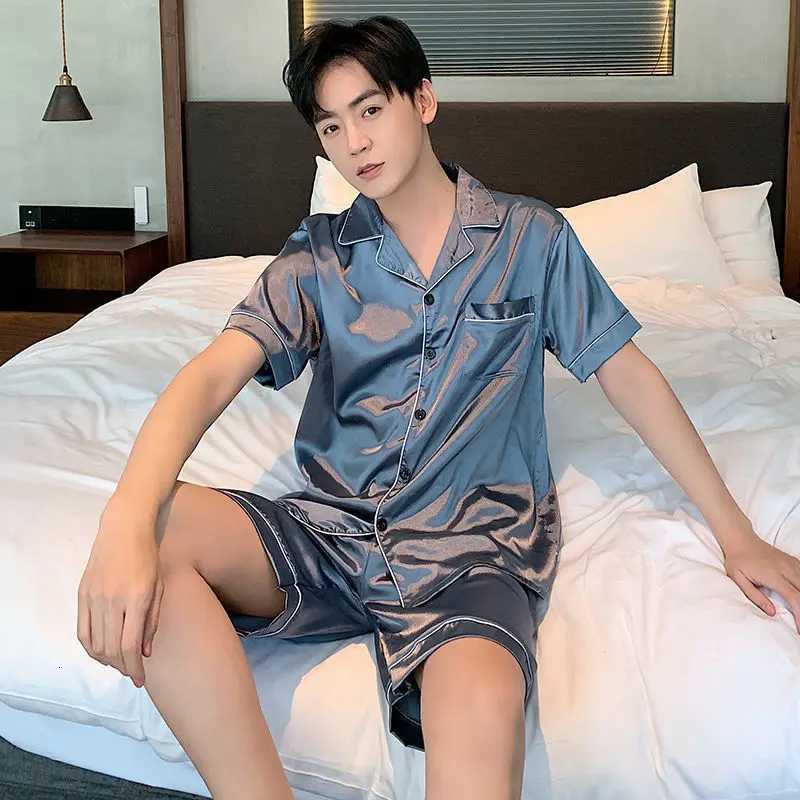 Men Pajama Sets Ice Silk Satin Short Sleeve Shirt+Shorts 2Pcs Summer Thin Sleepwear Solid Color Mens Casual Home Clothes W250717