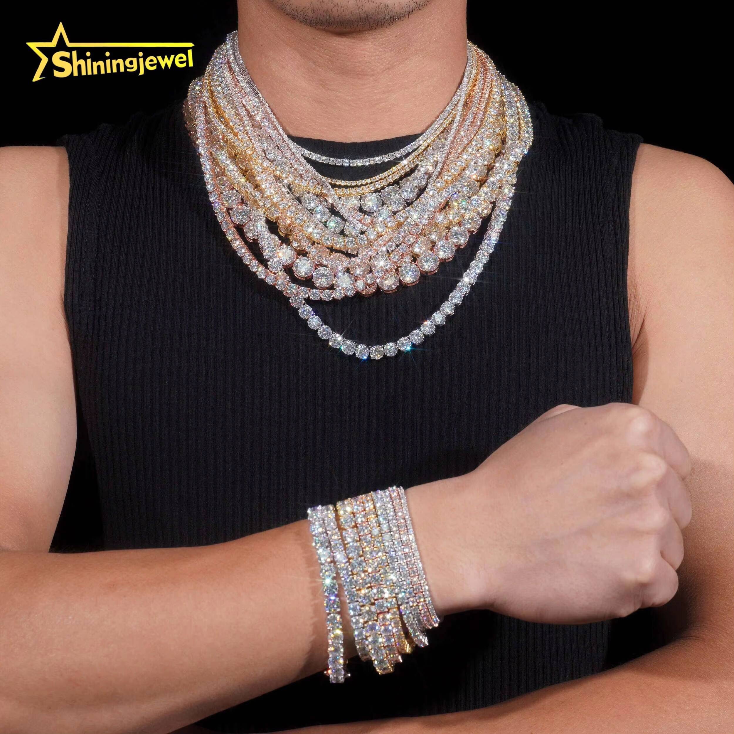Pass Diamond Tester Hip Hop 925 Sterling Silver Double Security Clasp VVS Moissanite Tennis Chain Necklace