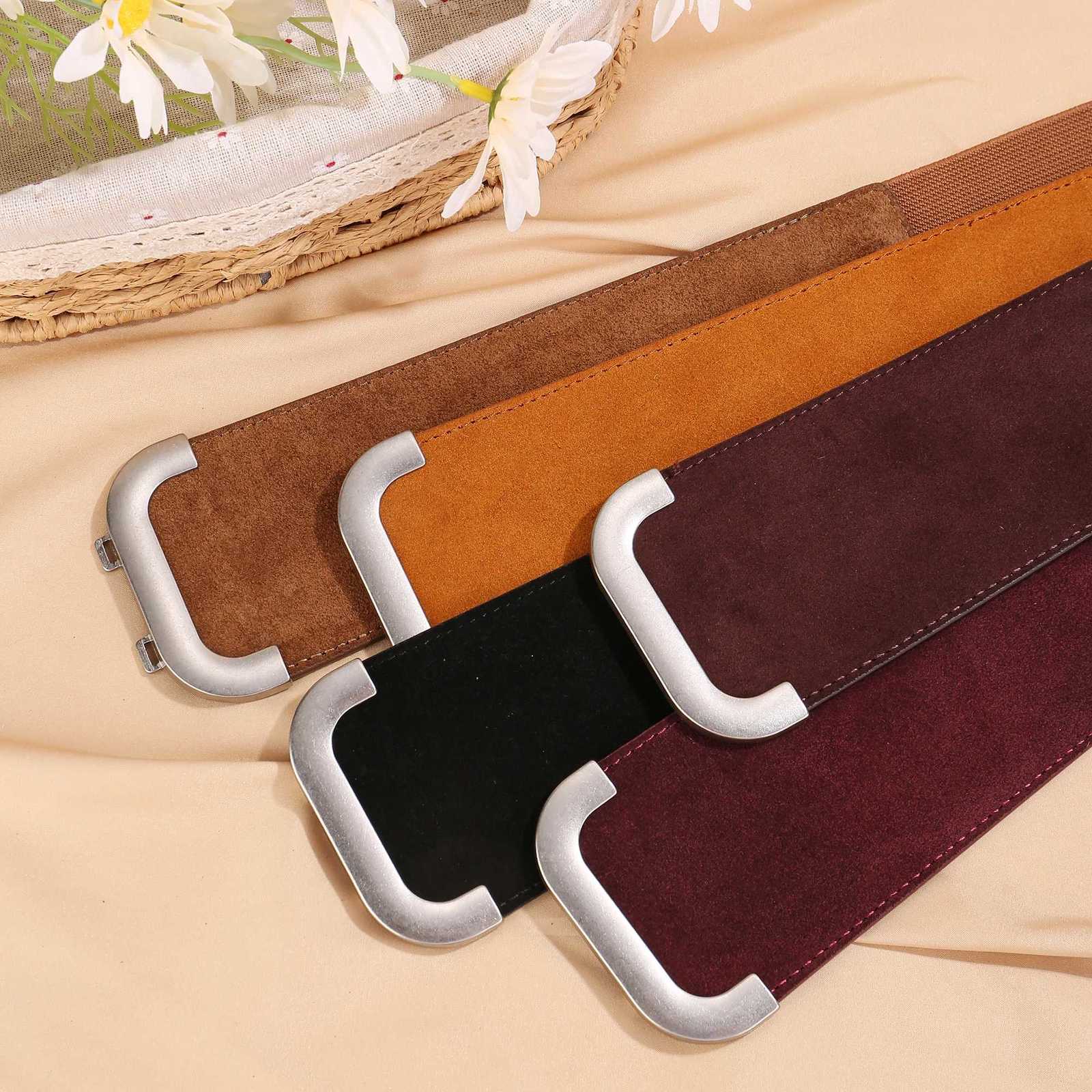New Womens Suede Elastic Belt Wide Stretchy Belt Vintage Sliver Buckle Belts Fashion High Waist Belts W250717