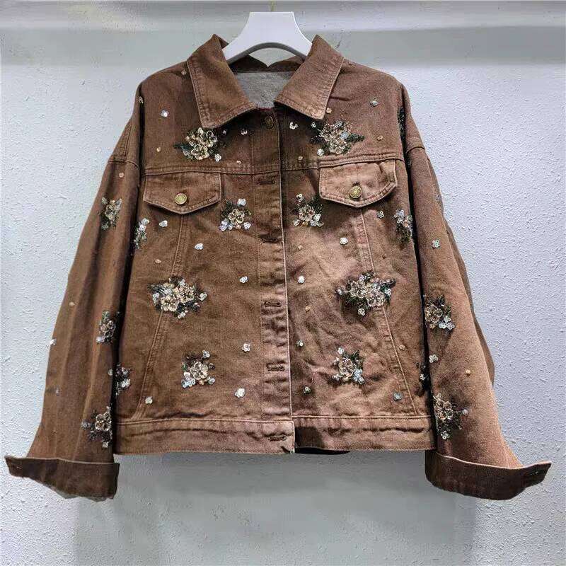 WTHT New Fashion Women's Heavy Industry Embroidered Sequins Denim Jacket Turn-Down Collar Long Sleeves Coat Female 1Ls696