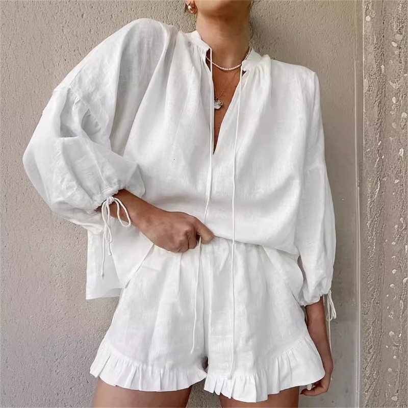 2024 Casual Beach Suits Fashion Summer Cotton Linen Loose Ruffle Shorts Suit Long Sleeve Drawstring Pullover y250707