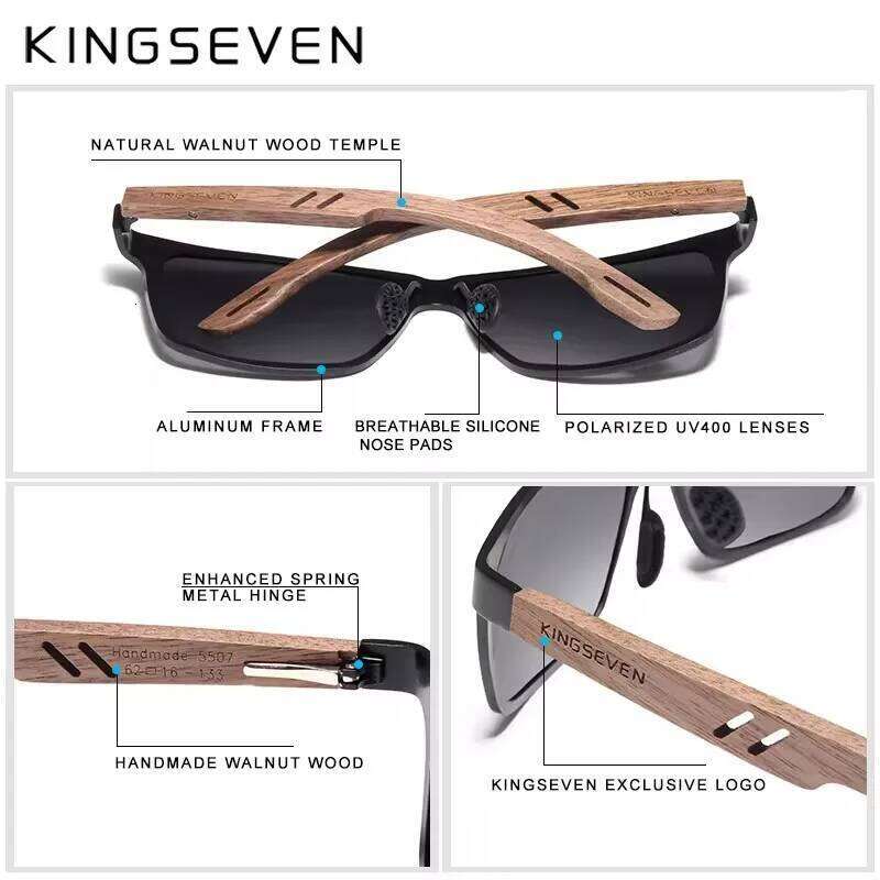 KINGSEVEN Brand Wooden Sunglasses High Quality Rectangle Frame Men Women's UV400 Polarized Lens Glasses Retro Eyewear