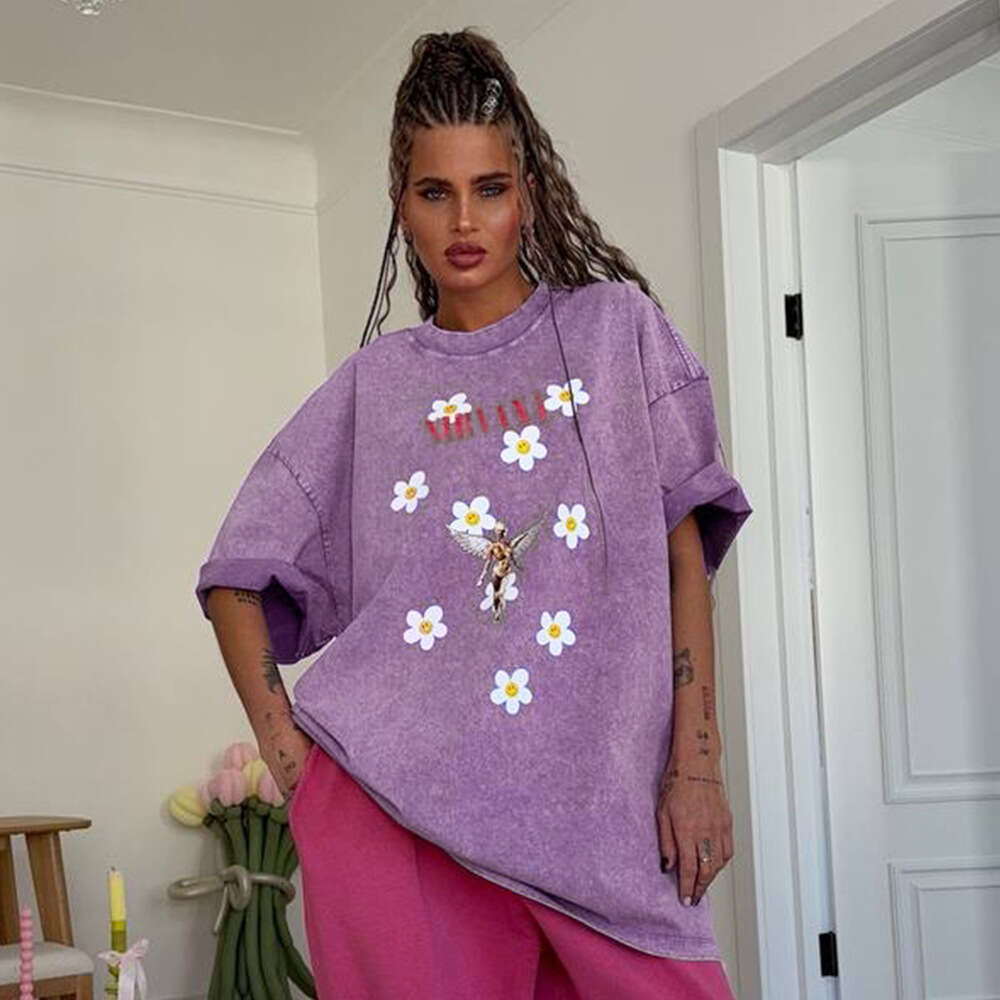 Loose Cotton Washed Printed Summer New Floral Print Half Sleeve T-Shirt For Women B5