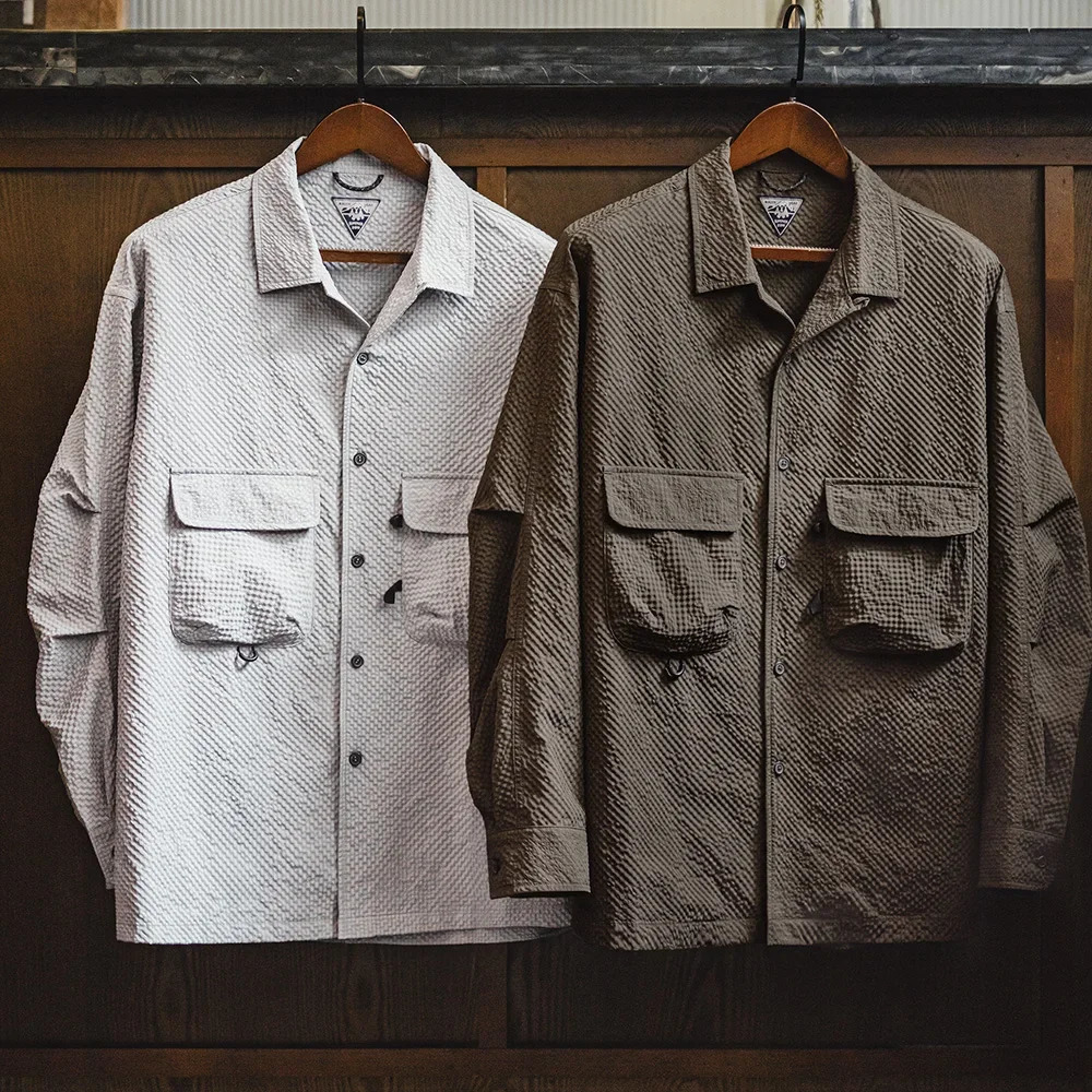 Maden Outdoor Cuban Collar Seersucker Longsleeved Shirt Noiron Antiwrinkle with Pocket n Thin Solid Color for Men 250717