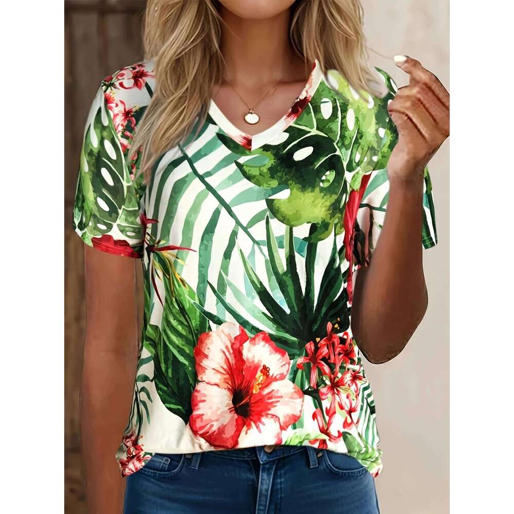Women Elegant Simple V-Neck Short Sleeve 3D Floral Print Top Summer Casual Ladies T-Shirt Vintage Pullover Tops