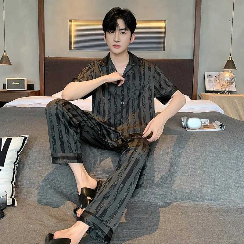 Plus Size Men Black Striped Short-Sleeve Long Pants Thin Pajama Set Cardigan Homewear Nightwear Youth Student Simple Sleepwear W250717