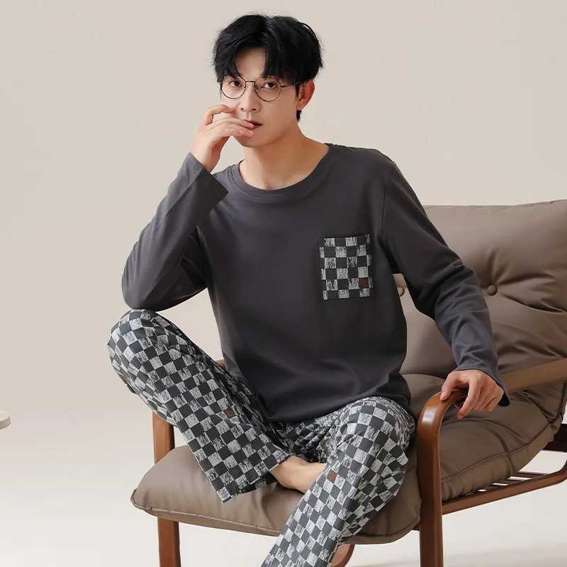 High Quality Pajamas Suit Men Pure Cotton Long-sleeved New Simple Design Sleepwear Male Korean Style 00% Cotton Loungewear Gents W250717