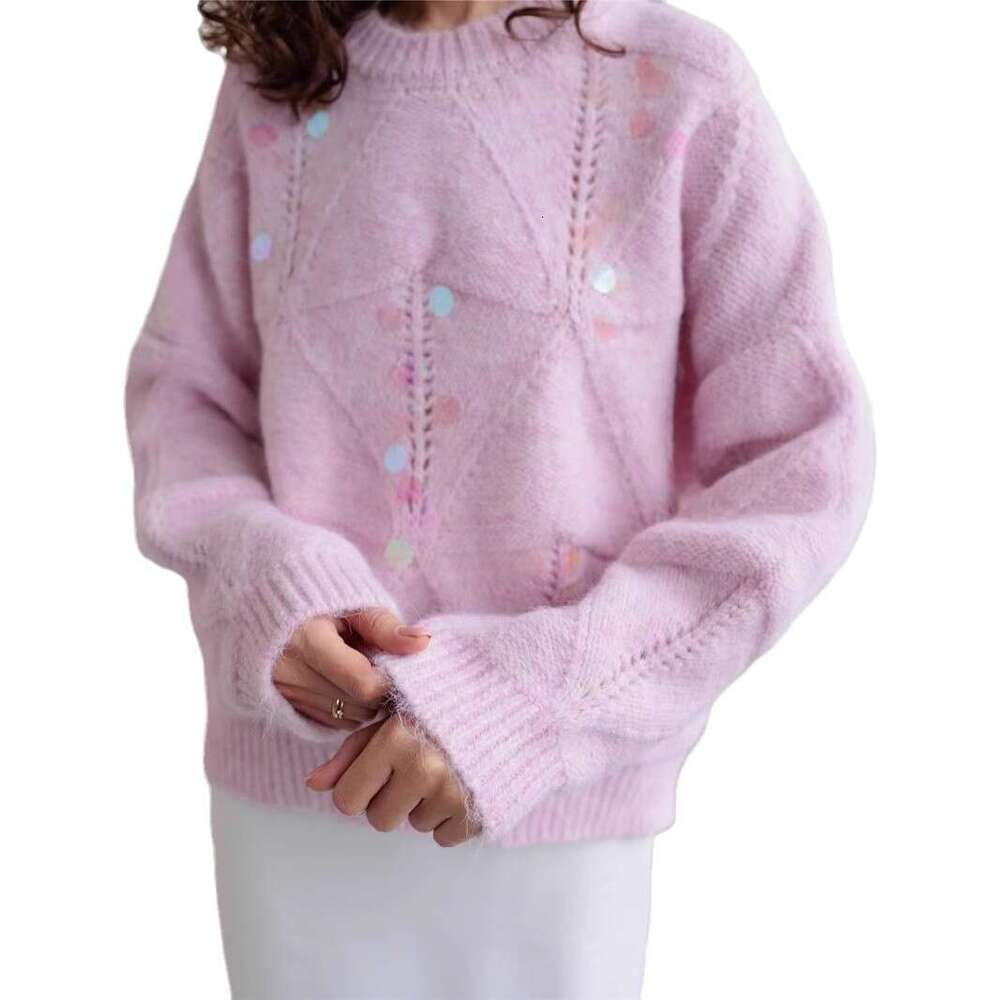French Style Sequin Hollow Soft Sweater Knitwear For Women Autumn Winter Heavy Craft Design Niche Lazy Loose Top B5