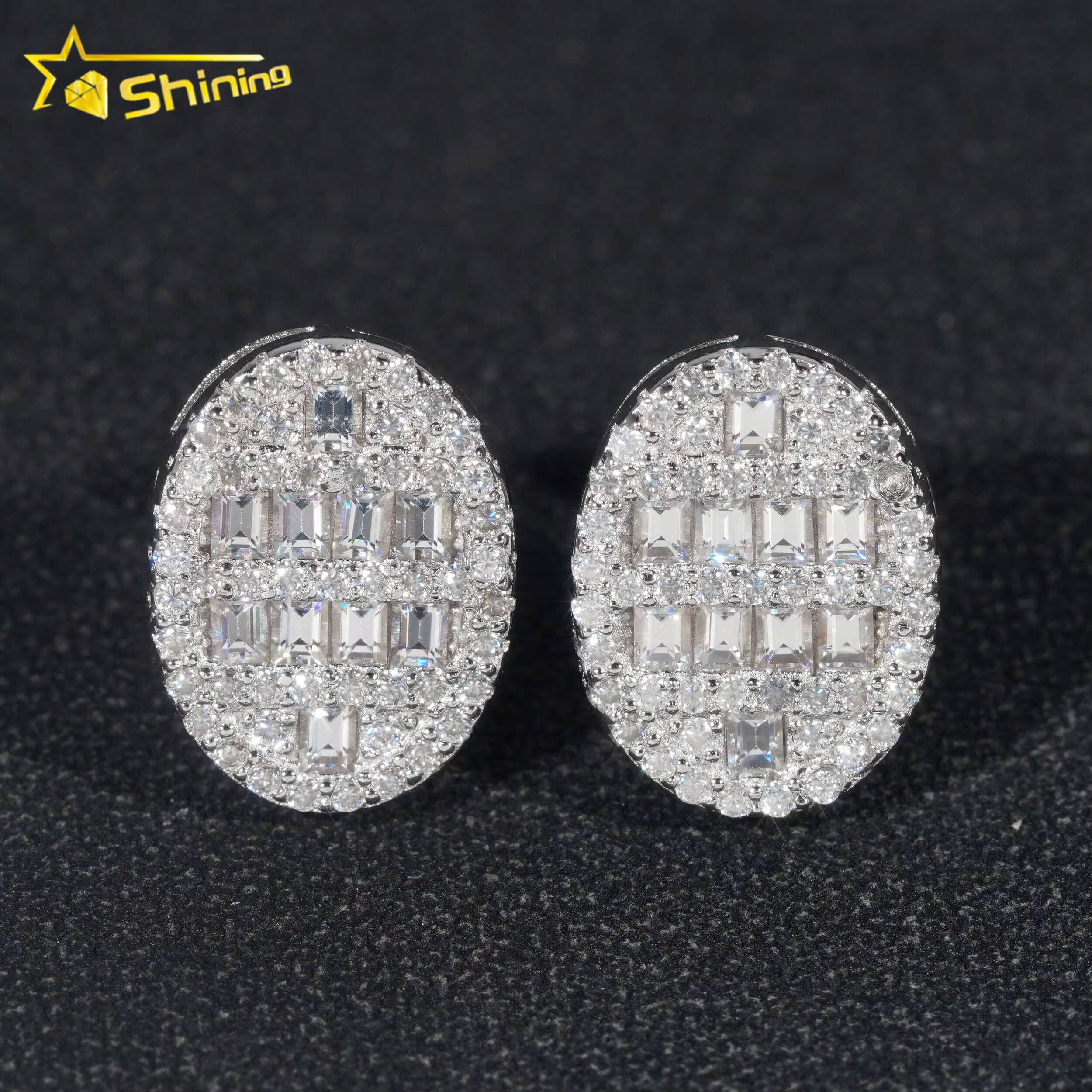 Pass Diamond Tester GRA Certified VVS Diamond 925 Sterling Silver Oval Baguette Moissanite Stud Earrings Men Earring