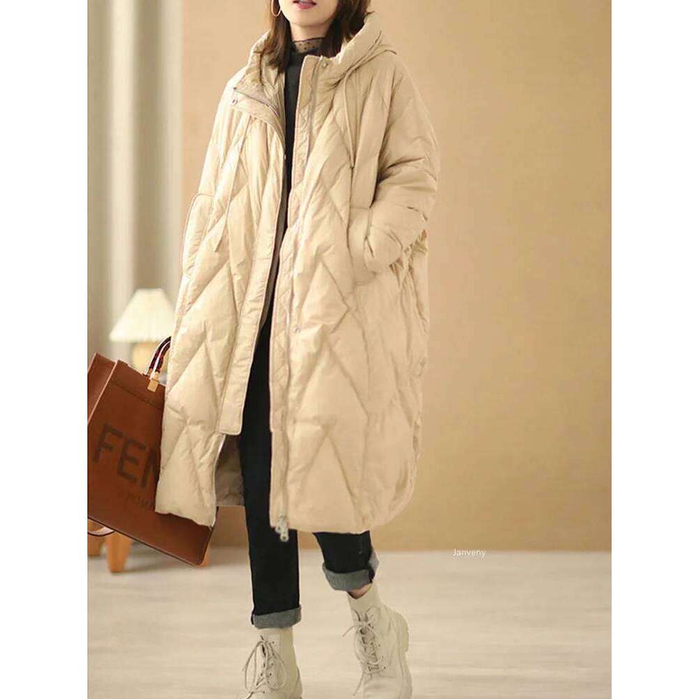 Janveny Loose Long Coat 90% White Duck Down Jacket Women 2025 Female Overcoat Winter Hooded Puffer Feather Parkas MDNG