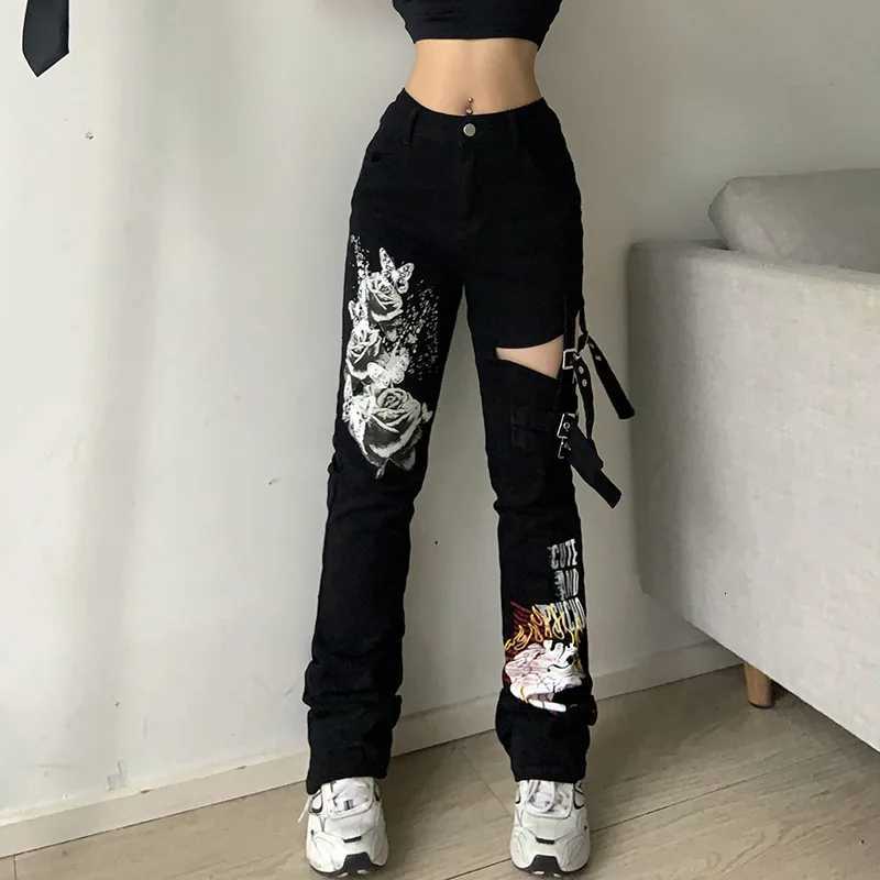 Goth Emo Alt Cargo Pants Techwear Hippie Baggy Jeans Mom Goth Punk Black Denim Trousers Cyber Y2k Pants Academic Dark Clothes R250716