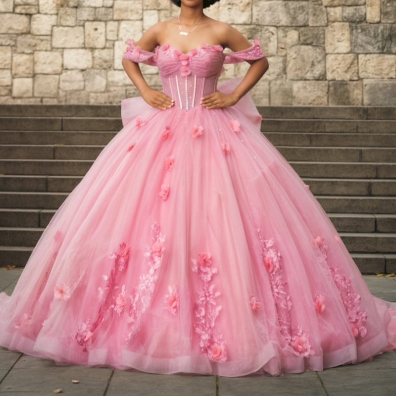 Pink Quinceanera Dresses Ball Gown Off The Shoulder Applique Flower Beads Bow Tull Corset Party Birthday Sweet 16 Dress Vestidos De 15 Anos