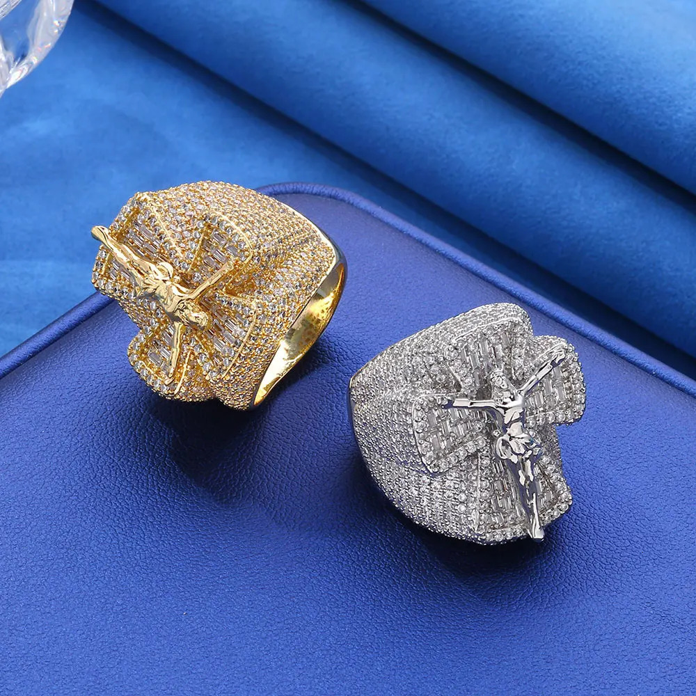 Religious Iced Shiny Trendy Cross Ring Fashion Hiphop Brass Gold Plated Jewelry Striking Zircon Cross Ring 250716