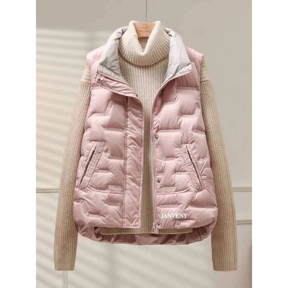 Janveny 2025 New Autumn Winter Duck Down Fleece Waistcoat Women Loose Stand Collar Pockets Warm Quilted Puffer Sleeveless Vest MDNG