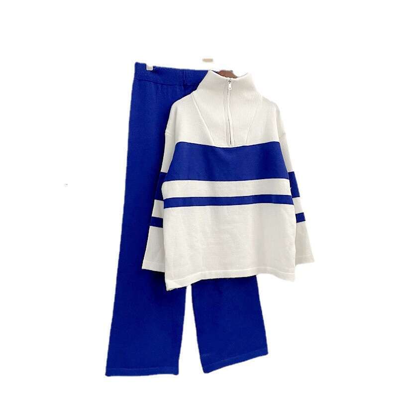 Style Loose Sweater For Women Thickened Autumn Winter Solid Color Zipper Top And Leg Pants Casual Two-Piece Set B5