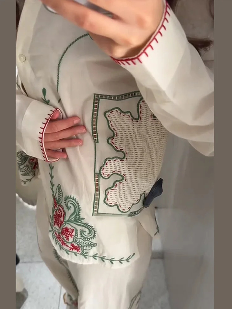 Casual Embroidered Pant Suits Women Loose Flip Collar Single Breasted Top Elastic Waist Straight Trouser 2025 Summer Lady Sets 250715