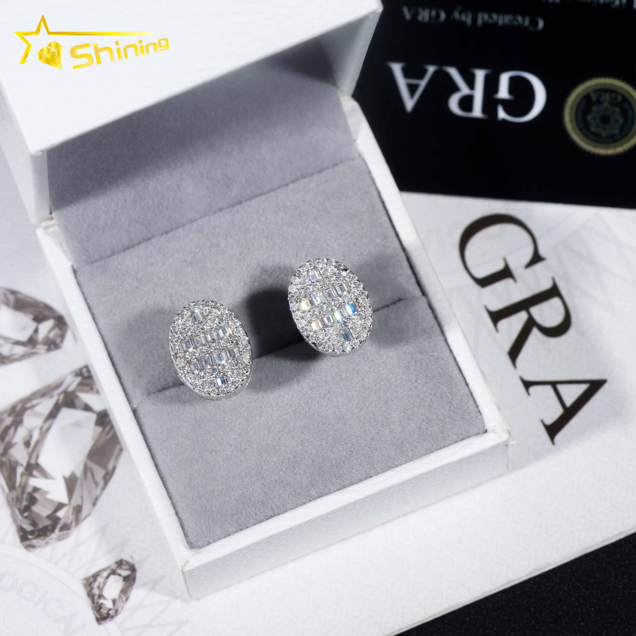 Pass Diamond Tester GRA Certified VVS Diamond 925 Sterling Silver Oval Baguette Moissanite Stud Earrings Men Earring