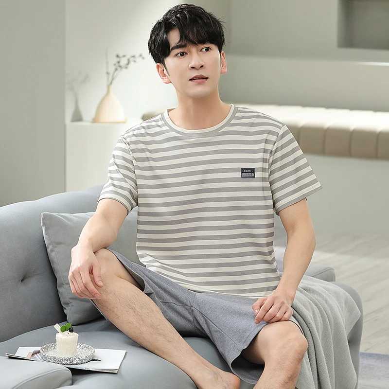 Newest Summer Knitted Cotton Pajamas Set Loose L-5XL Men Pajamas Short Sleeve Striped Sleepwear Male Leisure Home Clothing W250717
