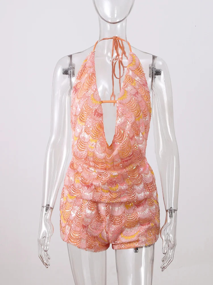 Sexy Sequined Beach Shorts Set Shiny Contrast Halter Backless Crop Top Slim Short Pants 2025 Summer Holiday Outfits Lady 250714