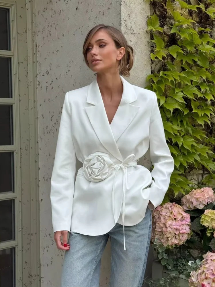 Elegant Flower Lace Up Blazer Women Solid Laple Pad Shoulder Long Sleeve Loose Coats 2025 Fashion Street Office Lady Outwears 250715