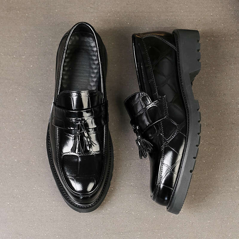 Tassel Thick-Soled for Men, British Style Trendy Business Formal Height-Increasing Hairstylist Men's Shoes, Big Round Toe Casual Leather Shoes