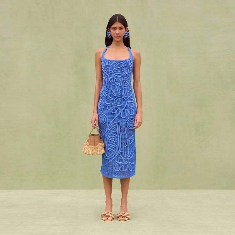 Women's Elegant Knitted Long Dress Blue Luxary Suspenders Sleeveless Backless Straight Through Robe 2025 New Lady Party Clothing