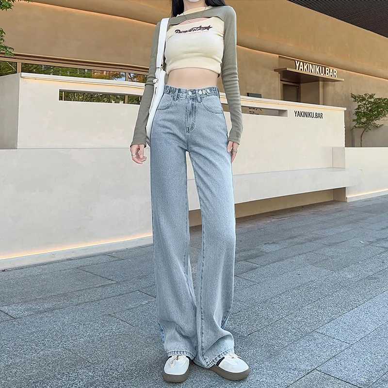 ousyu Women Jeans High Waist Wide Leg Loose Straight Adjustable Waist Denim Pants Vintage Quality Fashion Korea Trousers R250716