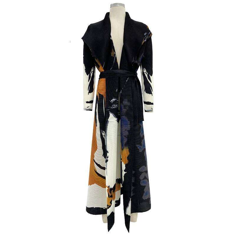 Pleats Pleated Abaya Long Printed Jacket Trench Windbreaker Evening Gown 2025 Autumn New Loose Extended Coat Women Clothing