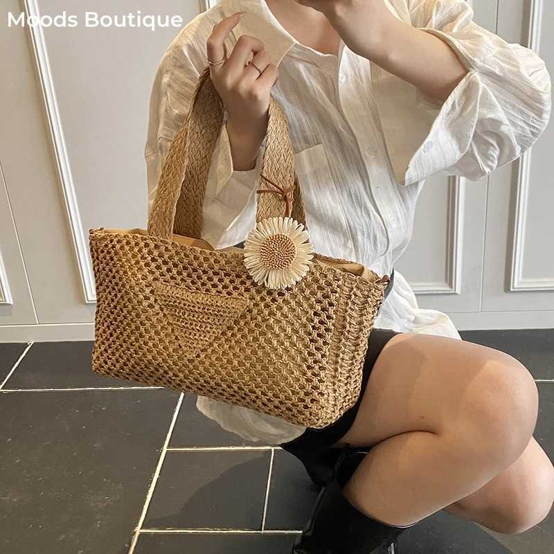 MOODS 2025 Summer Beach Straw Top-handle Bags For Women Handmade Woven Design Shoulder Crossbody Satchel Bag With Flower Pendant Z250717