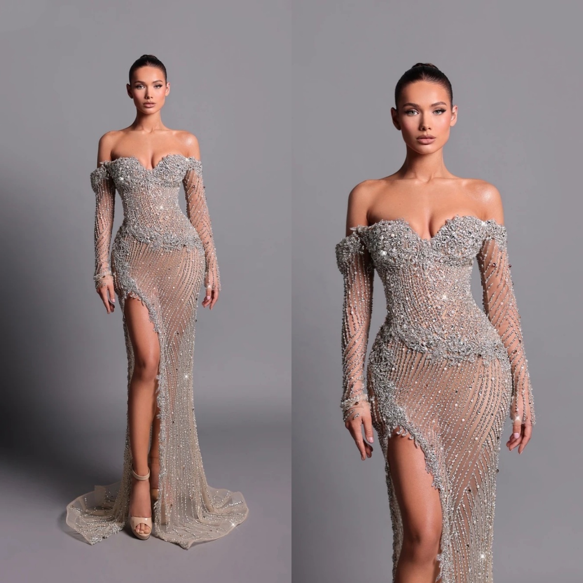Luxurious Off The Shoulder Crystal Evening Dresses Customized Sexy Sequined Long Sleeve Prom Dress Beaded Appliques Party Gown