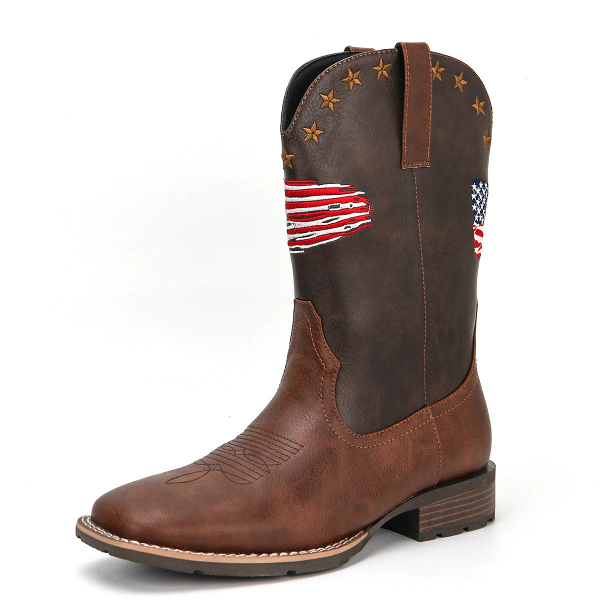 Mens Plaid Square Toe Low Heel Easiest for Match National Flag Slip-on Outdoor Cowboy Boots 250715