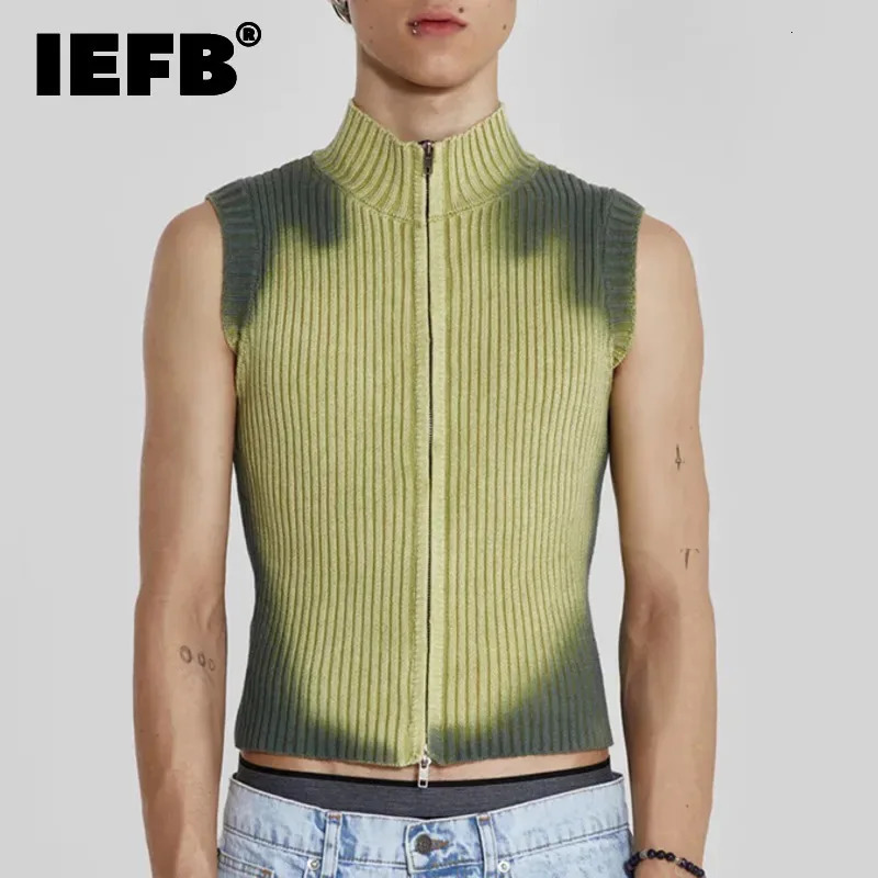 IEFB Streetwear Men Knitted Vest Pullovers Mens Turtleneck Sleeveless Sweater Zipper Tie-dye Clothing Summer Spring C3482 250716