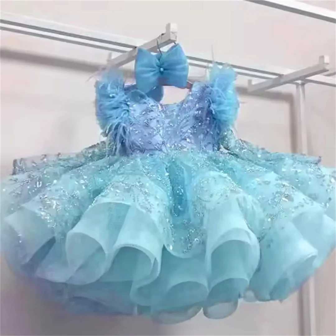 Feather Flower Girl Dresses for Wedding With Bow Pearls Appliques Knee Length Kids Birthday Dresses First Communion Gowns Z250716